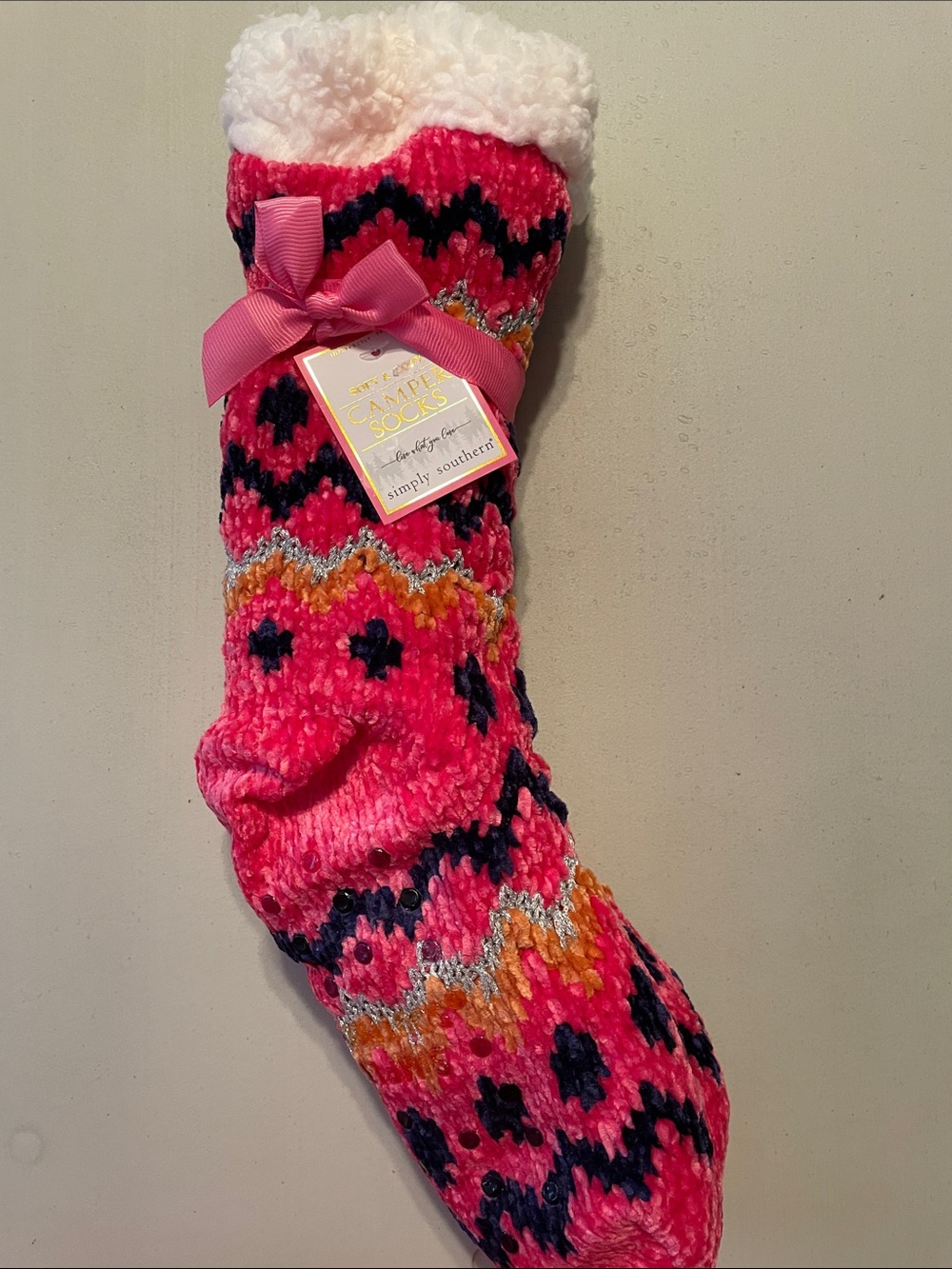 Simply Southern Hot Pink Patterned Sherpa-Lined Cozy Socks New